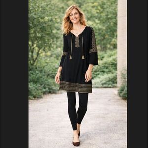 J Jill Tunic Dress M Black Gold Embroidered Boho Tassel Peasant Cottage Prairie